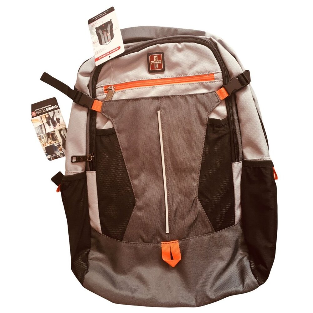 Swiss Tech BANDED Backpack BLACK Grey Orange Front Zip Laptop Pocket SC041